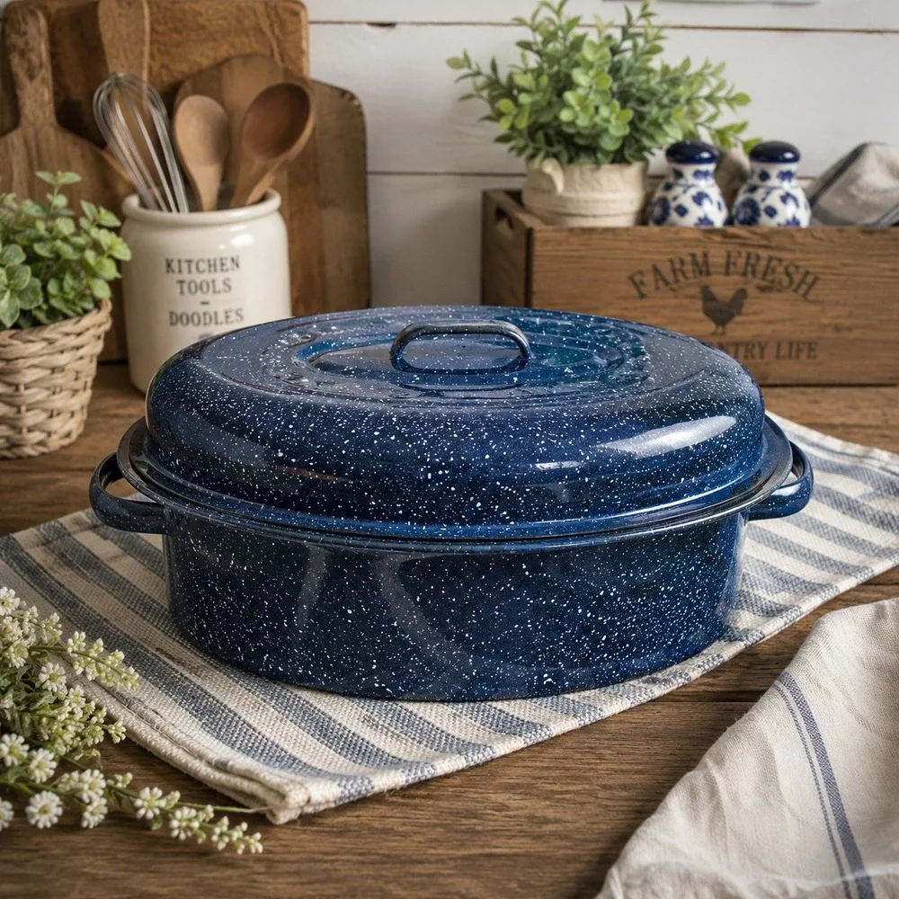 Vintage Blue Speckled Enamel Roasting Pan w Lid Oval Graniteware Roaster